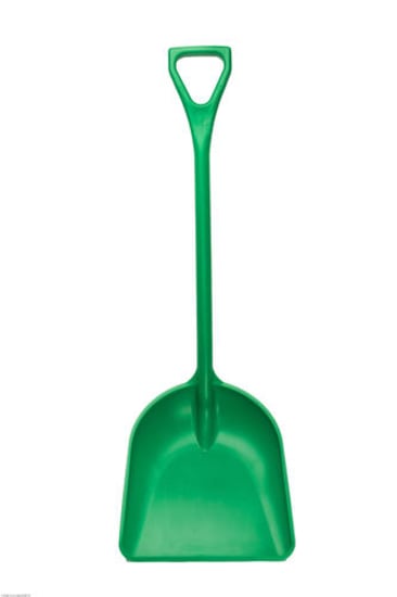 Heavy-duty green plastic shovel, 1120mm x 350mm, food safe, splinter-free, lightweight, durable for various tasks.