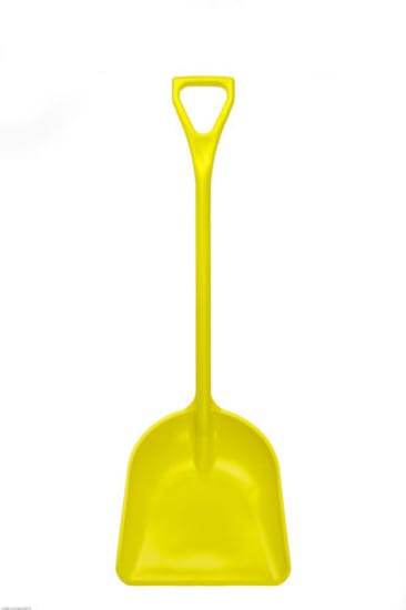 Durable yellow polypropylene shovel designed for ease of use in landscaping, gardening, and construction tasks.