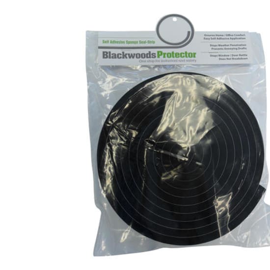 Neoprene Spongeseal black weather strip, 19x9mm, 4m roll, features self-adhesive application to reduce drafts and noise.