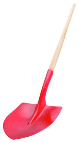 Round mouth shovel with fibreglass handle, featuring a durable steel head and long handle for enhanced digging strength.