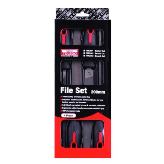 Toledo Second Cut File Set 4PC, featuring round, half round, flat, and square files for precision in woodworking and metalworking.