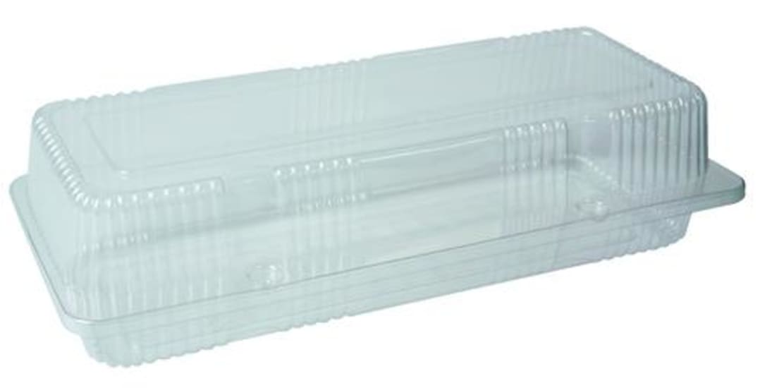 Clear PET bakery clam shell container for lamingtons, 290x110x70mm, 200 per case, ensuring hygiene and visibility.