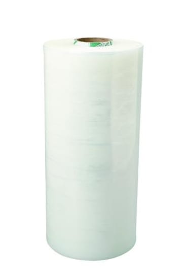Clear machine stretch film roll, 600mm x 1100m, 30mu thickness, designed for superior load stability and puncture resistance.