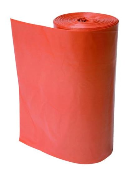 Orange 30mu plastic rubbish bags, 720 x 950mm, 25 per roll, strong and flexible for effective waste management.