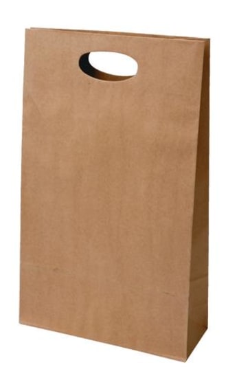 Three bottle carry bag made of brown kraft paper, featuring a die-cut handle, perfect for transporting beverages securely.