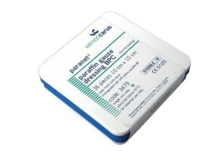High-quality Tin Paraffin Gauze Dressing 10cm x 10cm, box of 36, ideal for effective wound care and moisture retention.