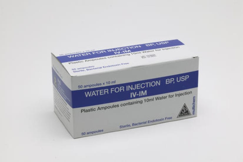 Box of 50 sterile 10ml ampoules of Water for Injection, ideal for preparing injections and dissolving medications.
