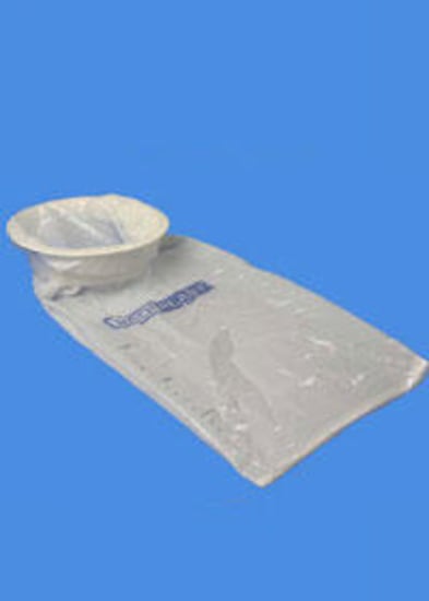 Box of 50 vomit dishes with collection bags for hygienic waste disposal in healthcare and event settings.