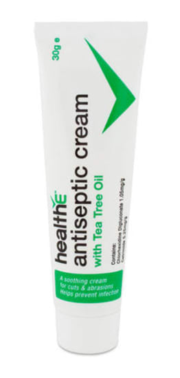 HealthE Antiseptic Cream with Tea Tree Oil in a 30g tube, ideal for treating minor wounds and promoting skin healing.