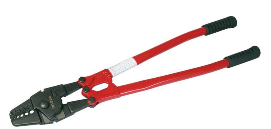 Toledo Swaging/Crimping Tool with Cutter designed for precise swaging and crimping of aluminium and copper sleeves on cables.