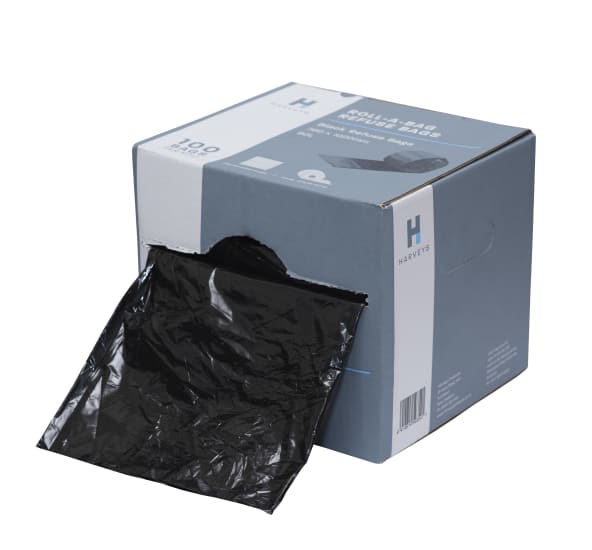 Large, durable 35mu black rubbish bags (780 x 1020mm) on a roll, perfect for efficient waste disposal and bin lining.