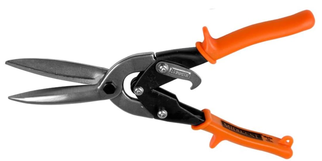 Midwest Long Cut Aviation Snip Straight with hot drop-forged blades and soft grips for precise and durable metal cutting.