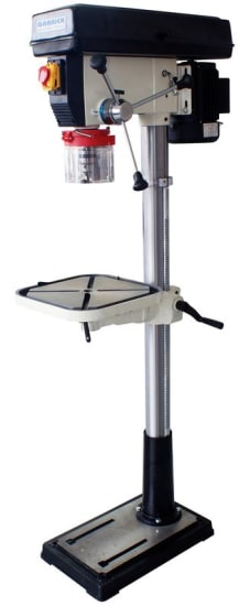 Pedestal Drill Press DPW25 with square table, safety guard, and adjustable features for precision drilling in workshops.