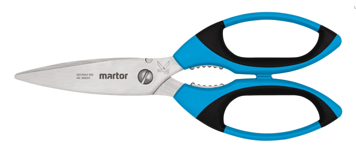 Large SECUMAX 565 safety scissors with ergonomic grips, rounded tips, and wire-cutter, perfect for safe cutting of various materials.