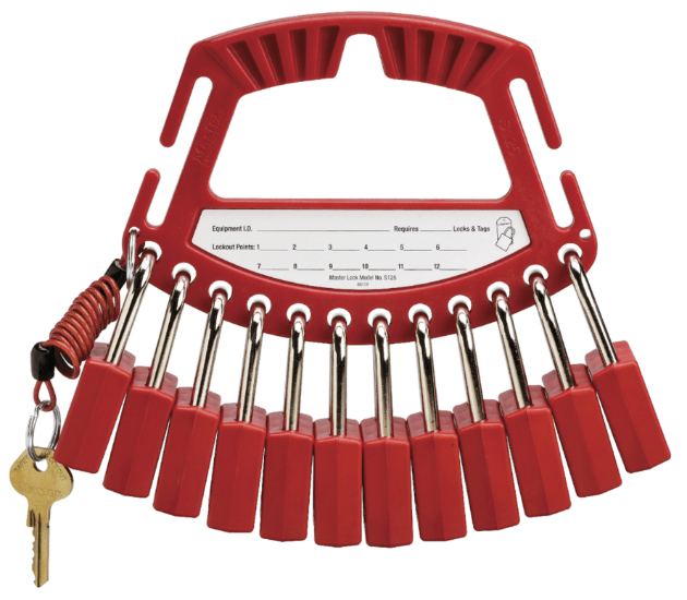 Master Lock S125 caddy holding up to 12 padlocks, designed for efficient lockout/tagout safety management and transport.