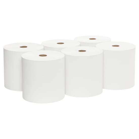 Scott 1-ply Hard Roll Paper Towels, 305m per roll, case of 6; highly absorbent, eco-friendly, ideal for busy workplaces.