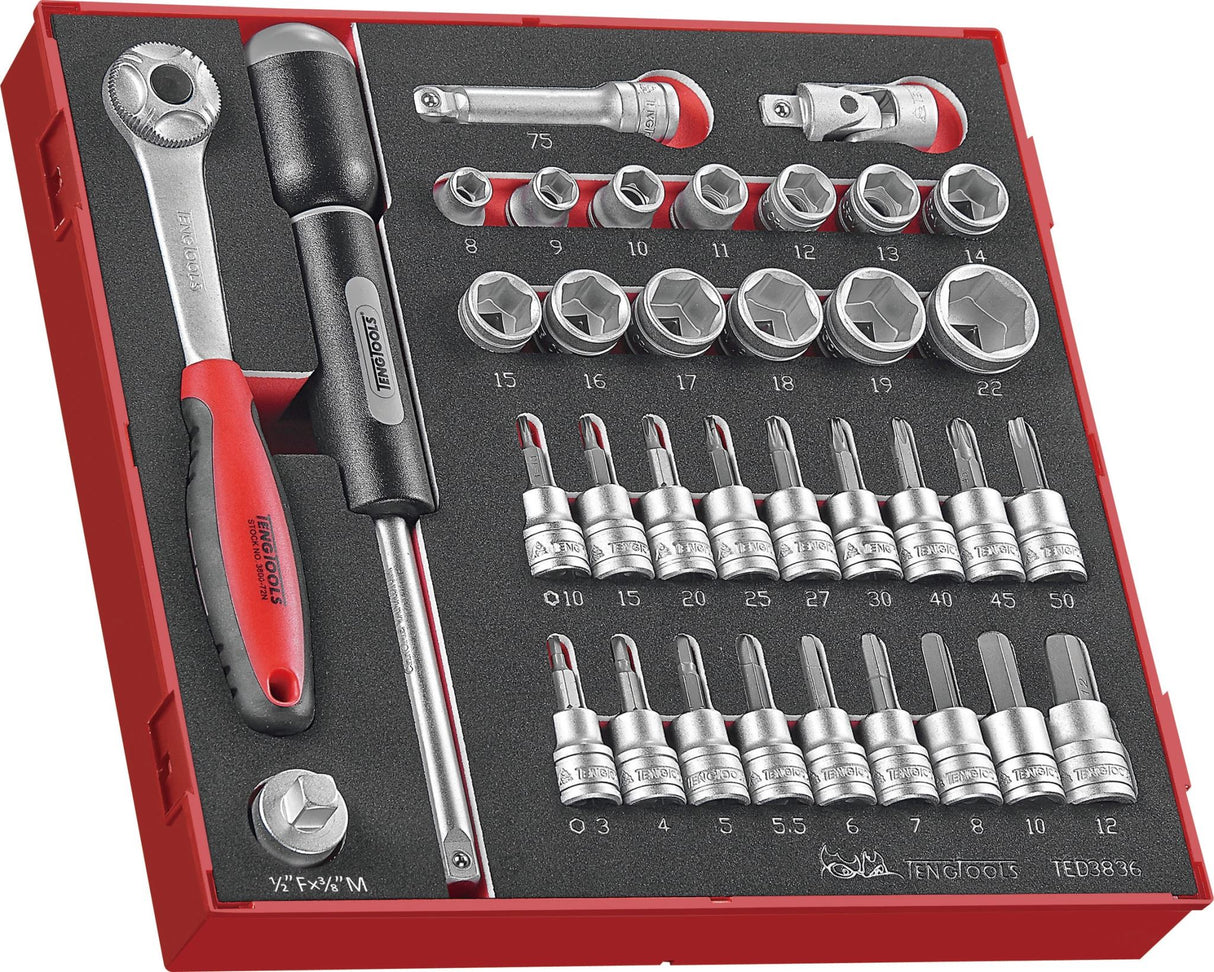 Teng 36pc 3/8in Dr. Std & Tx/Hex Skt Set-TED-Tray 265 x 284 x 50mm (Each)