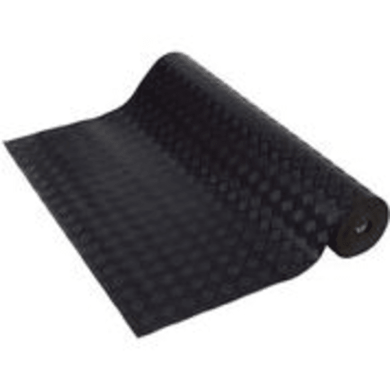 Rubber flooring in black with round stud texture, 1200mm wide, slip-resistant, durable for tools and workspaces.