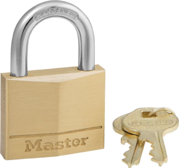 Master Lock 0150 brass padlock with a hardened steel shackle, keyed alike for convenience and robust security features.
