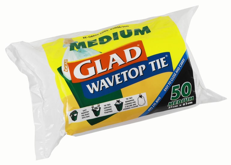 Glad Wavetop Tie Kitchen Liners in a pack of 50, featuring a durable star seal and easy tie closure for tidy waste management.
