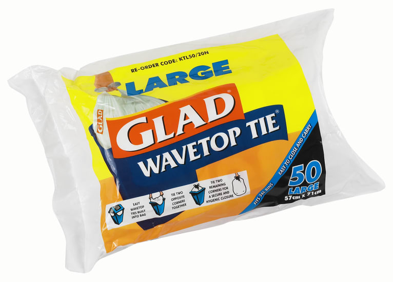 Glad Wavetop Tie Kitchen Liners, large pack of 50, featuring sturdy seal, easy tie closure, and perforated roll for quick access.