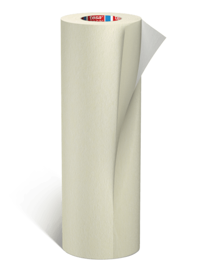 Double-sided tape roll for flexo printing, featuring cloth backing, natural rubber adhesive, and creped paper liner to prevent air bubbles.