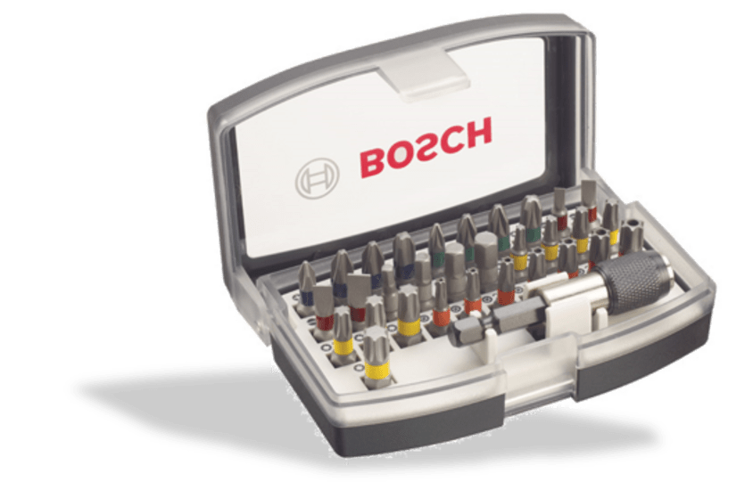 Bosch 32-piece screwdriver bit set with color-coded bits, robust case, and belt clip for easy organization and access.