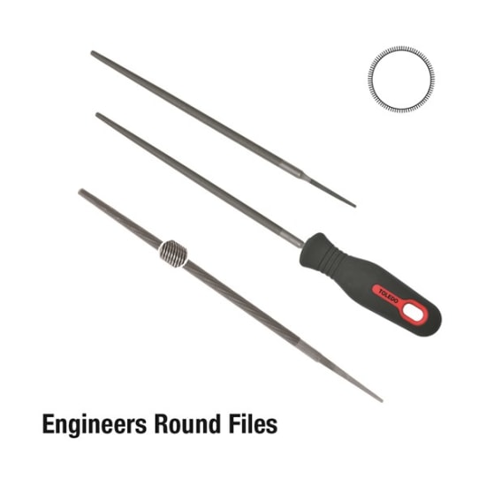 Toledo Engineer's Round File, 200mm long, double spiral cut, tapered design for precision in metal and woodwork.
