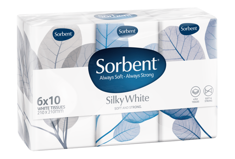 Compact Sorbent Pocket Pack of 10 soft, durable facial tissues in 6 convenient packs for on-the-go cleanliness and comfort.