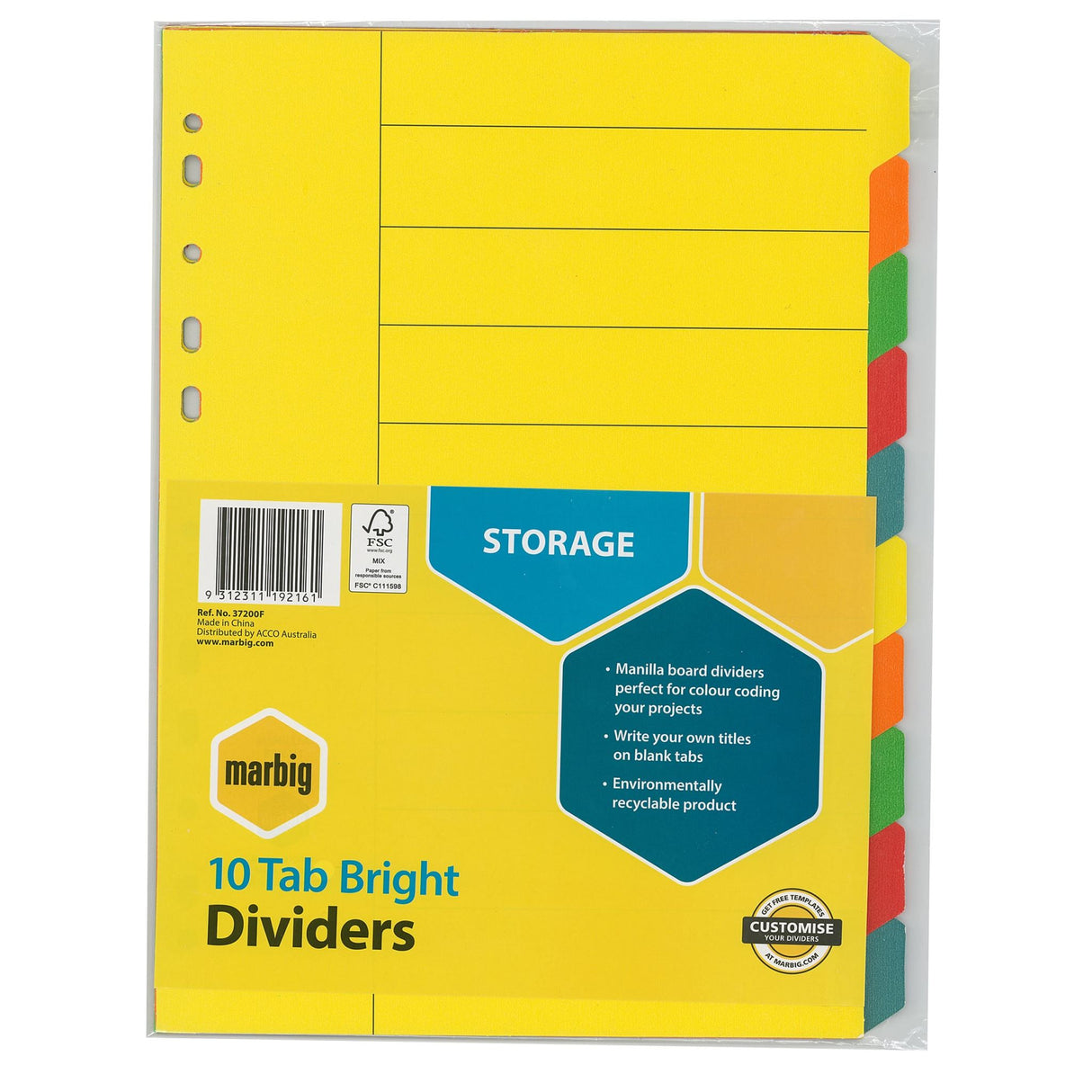 Marbig A4 Tab Divider Bright (Pack of 10)