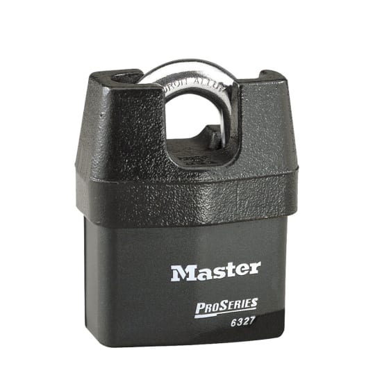 Master Lock 6327KA heavy-duty padlock with iron shroud, weather-resistant design, and dual ball bearing lock for superior security.