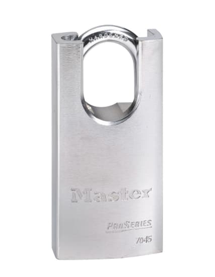 Master Lock 7045 shrouded padlock in solid steel, featuring dual ball bearing locks, high-security shackle, and keyed alike convenience.