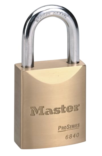 Master Lock 6840 Solid Brass Padlock with keyed alike feature, dual ball bearing lock, and boron alloy shackle for enhanced security.