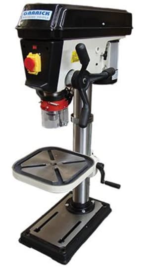 Industrial bench drill Model DB20 with 20mm capacity, robust construction, safety guard, and variable speed control features.