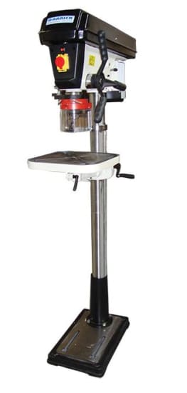 Industrial pedestal drill with 25mm capacity, tilting table, sturdy cast iron handles, and safety features for precision work.