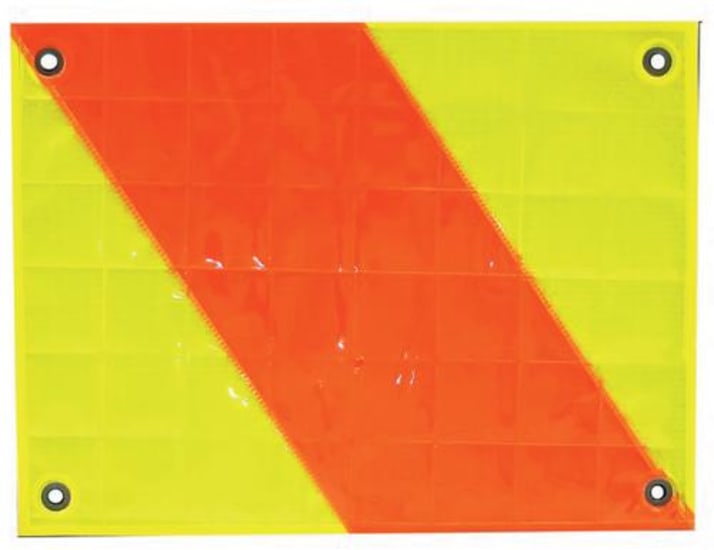 Durable left-hand hazard flag pair for marking overhanging loads, enhancing road safety with secure corner eyelids.