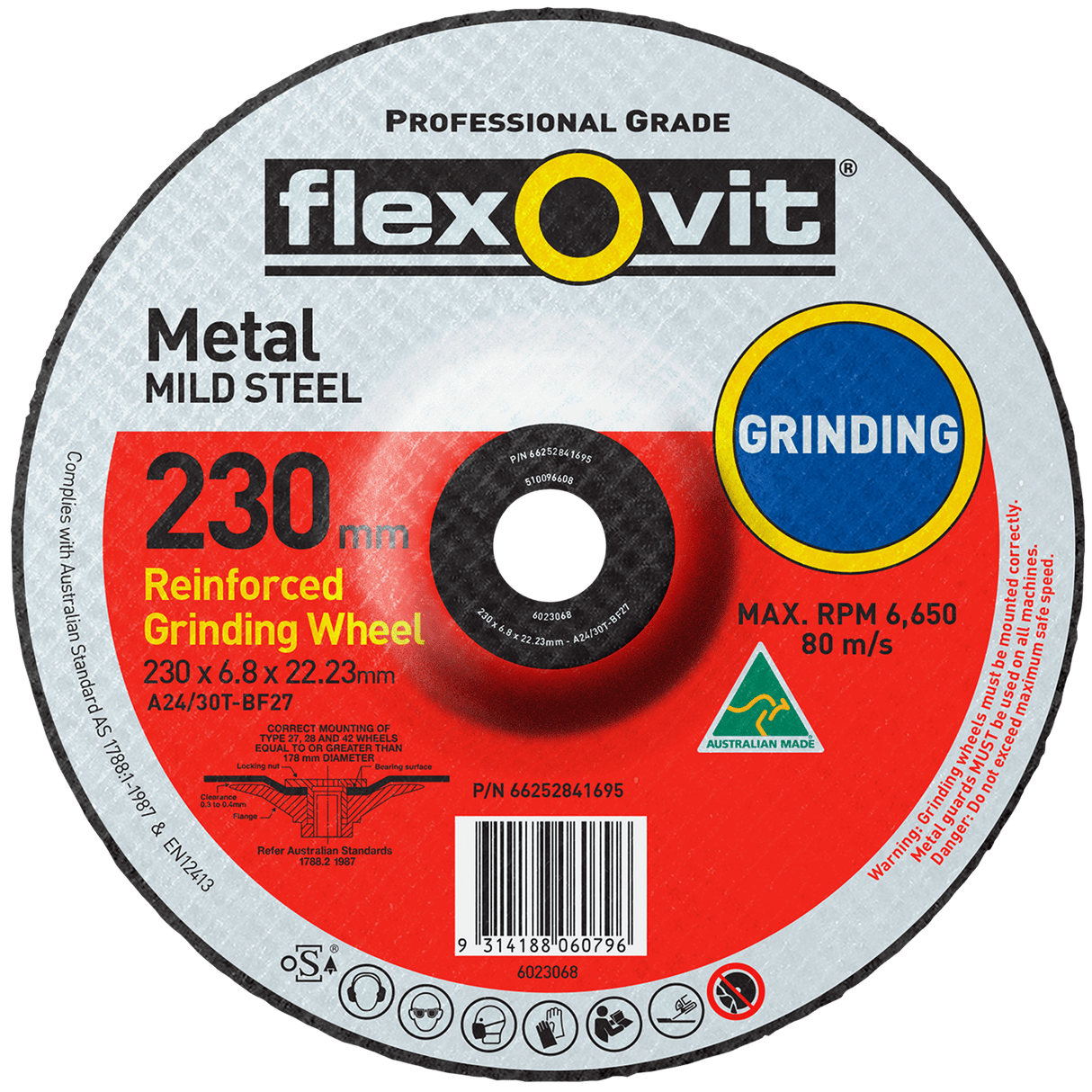 Flexovit Type 27 Grinding Wheel 30 Grit 230x6.8x22.23mm (Each)
