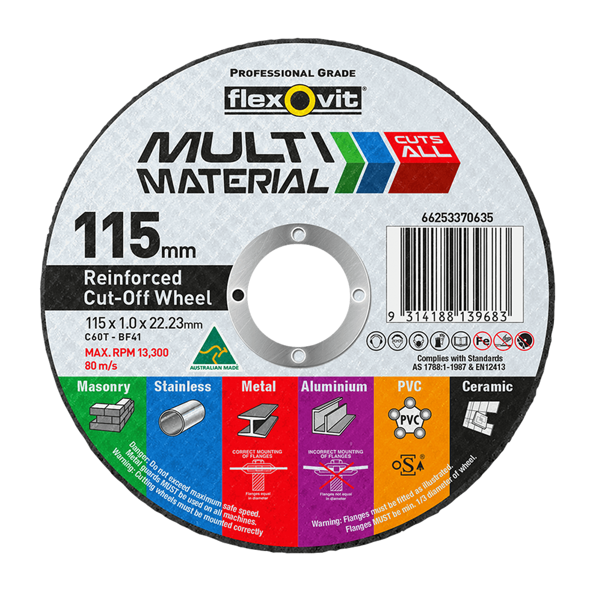 Flexovit Multi-Material Cut-Off Wheel 46 Grit 115x1x22.23 mm (Each)
