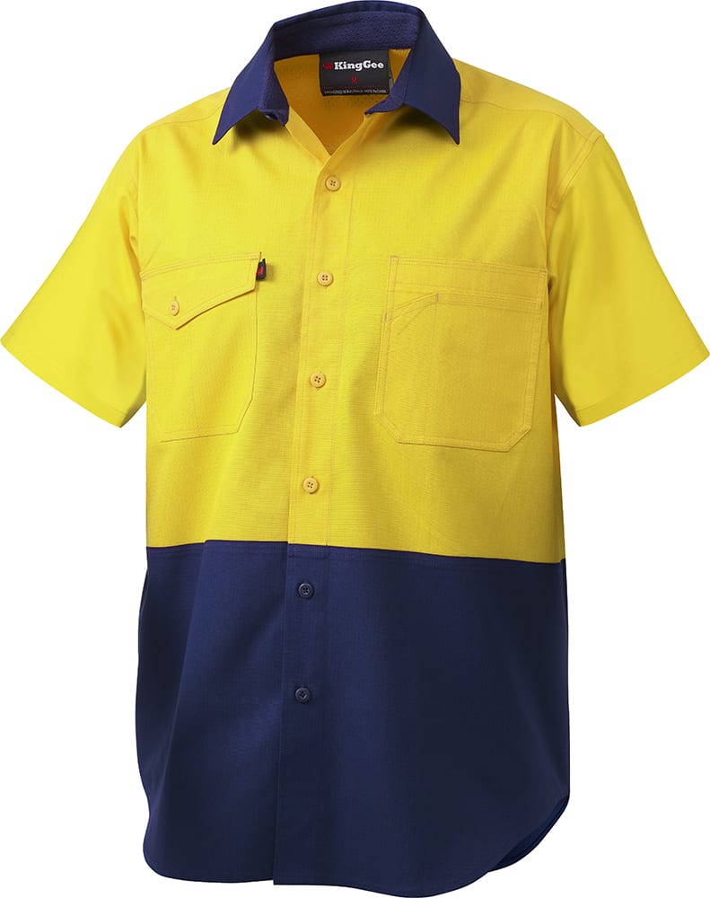 KingGee, Hi Vis Cotton Ripstop Shirt, K54875 - Yellow/Navy (Size: 2XL)