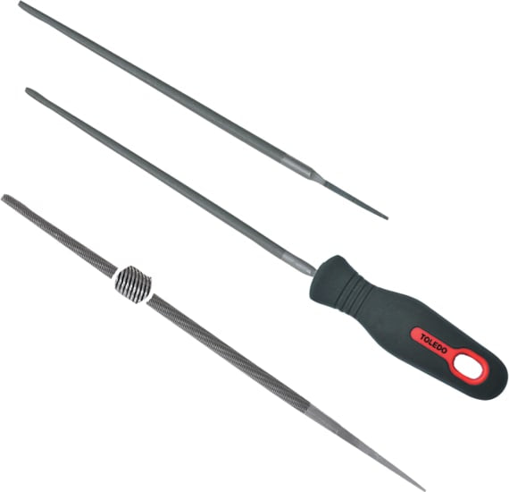 Round Toledo file, 100mm long with a tapered tip and double spiral cut for precise filing in various applications.