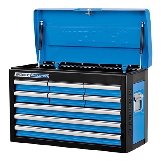 Kincrome 9 Drawer Tool Chest Evolution with gas strut lid, 20kg drawer capacity, lockable security, and EVA foam liners.
