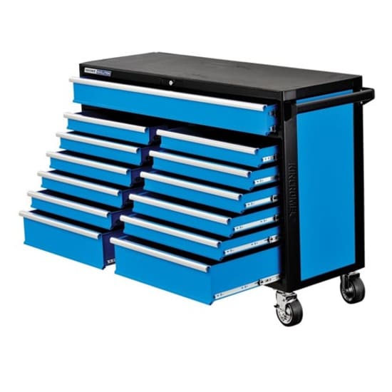 Kincrome 13 Drawer Extra Wide Tool Trolley with heavy-duty slides, lockable drawers, and mobile castors for organized tool storage.