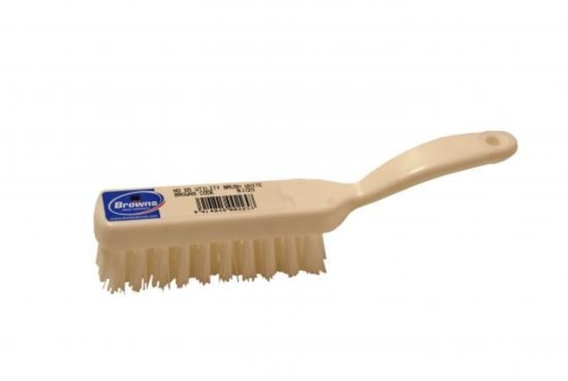 Utility Brush White Fill: mini scrub brush with white plastic stock and polyester fill, HACCP approved for hygiene in cleaning tasks.