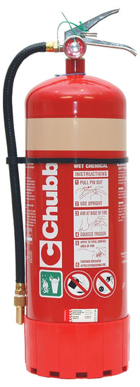 Chubb 7L Wet Chemical Fire Extinguisher, ideal for kitchen fires, features pressure indicator and wall mounting bracket.