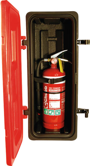 Jonesco extinguisher cabinet for 4.5kg fire extinguishers, 750mm x 270mm x 220mm, durable, UV-resistant with secure seals.