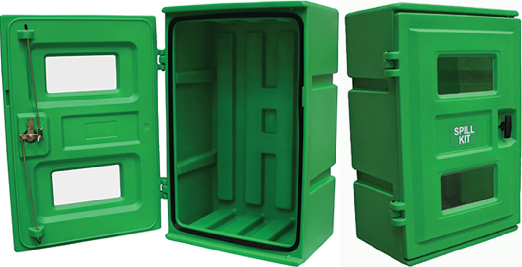 Green Safety Cabinet by Jonesco for SCBA products, fire safety gear, featuring T handle lock, rubber seal, and UV blocking windows.