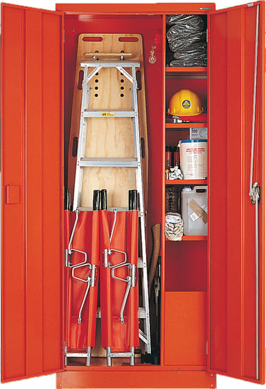 Large Civil Defence Cabinet in orange, featuring durable steel, adjustable shelves, wide doors, and emergency access glass.