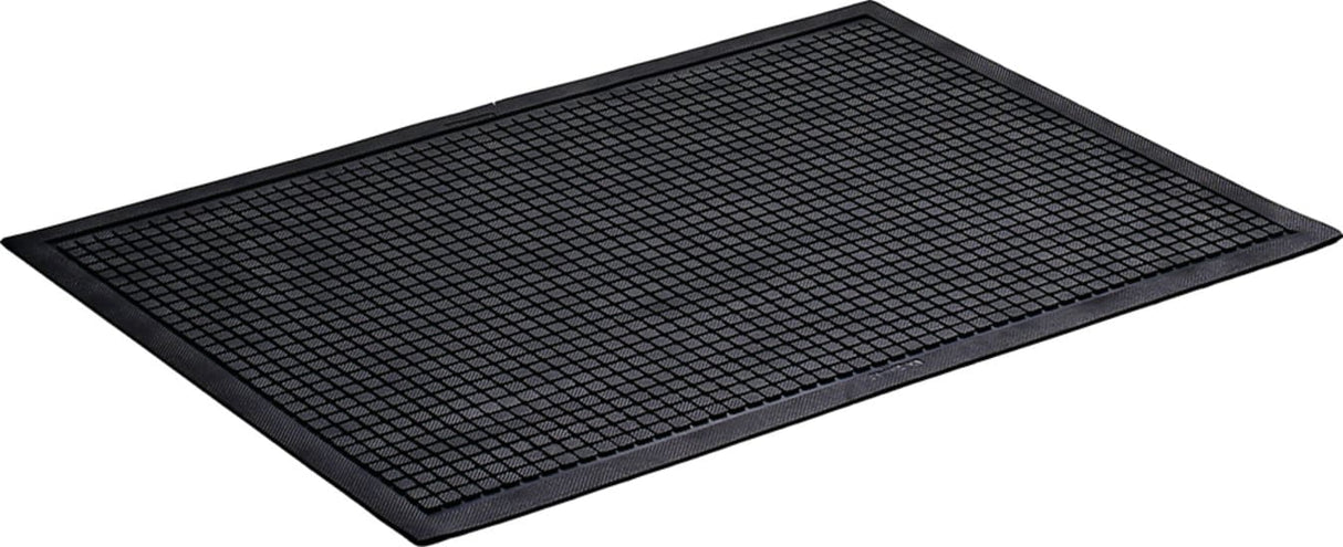 Kleen Kushion Mat in black, 880 x 620mm, featuring slip resistance, anti-fatigue foam, and grease resistance for kitchens and factories.