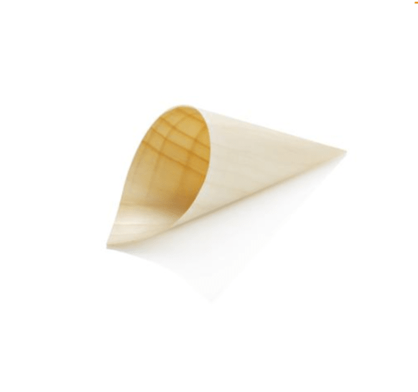 Small untreated white pine wooden cones (12.5cm) in a bulk pack of 100, perfect for elegant food presentation and decoration.