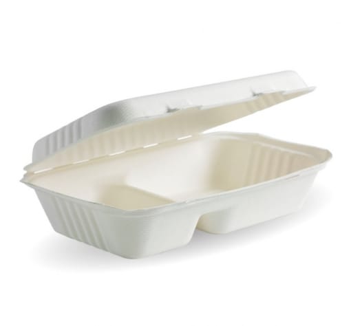 BioPak 2 Compartment White Plant Fibre Clamshell 23x15x8cm 125 (Pack)
